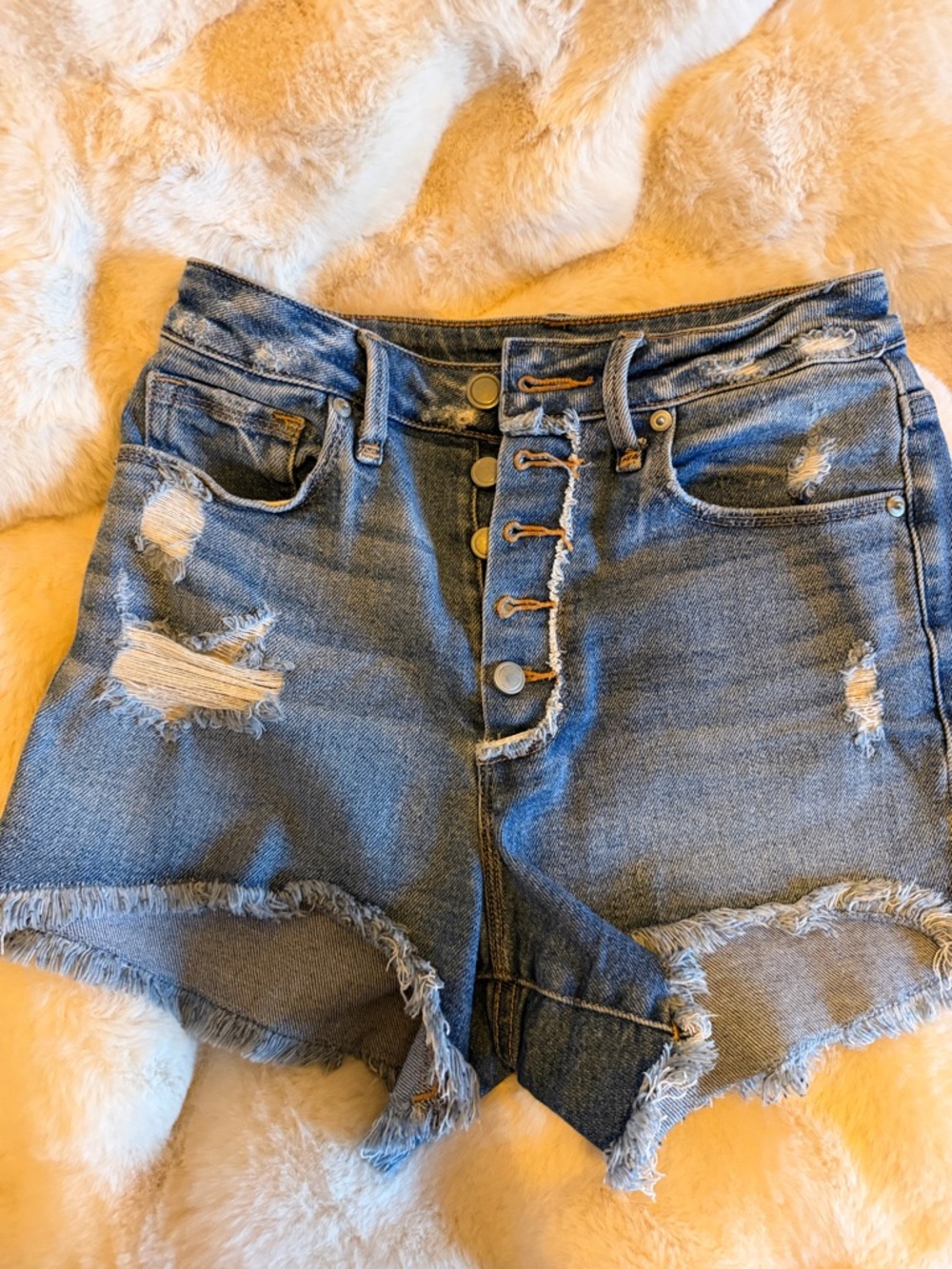 Good American Distressed Blue High-Rise Jean Shorts - Picture 2 of 5